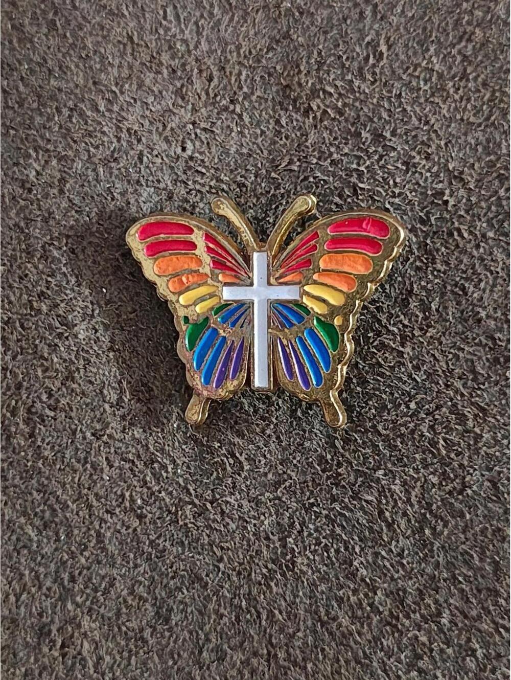 1980's Rainbow Butterfly With White Cross Gold Tone Enamel Pin - Picture 7 of 9